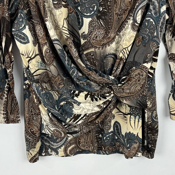 Conrad C Top Blouse Size L Brown Beige Paisley 3/4 Sleeve Round Neck Stretch - Picture 4 of 9